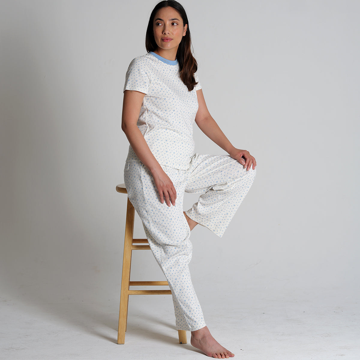 Women's Regular Fit  100% Soft Cotton Pointelle Rib 3 Pocket Printed Pajamas