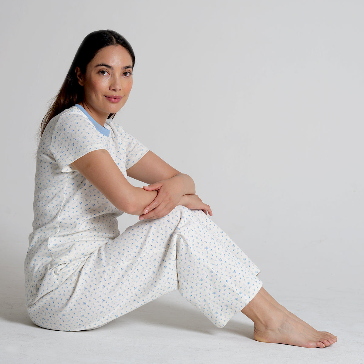 Women's Regular Fit  100% Soft Cotton Pointelle Rib 3 Pocket Printed Pajamas