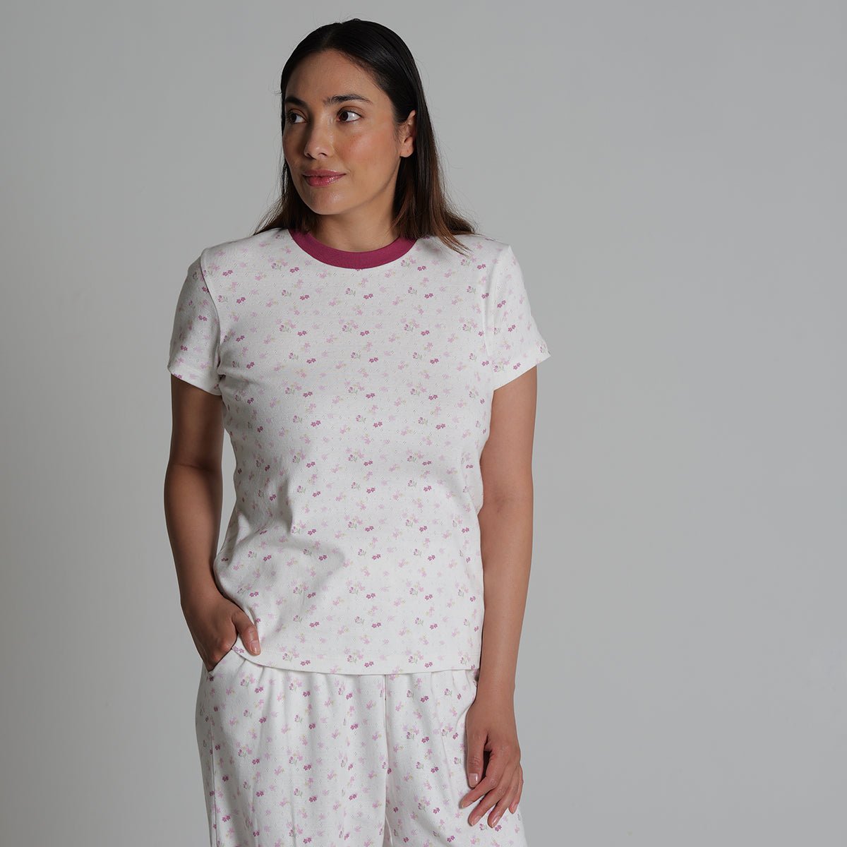 Women's Regular Fit  100% Soft Cotton Pointelle Rib 3 Pocket Printed Pajamas