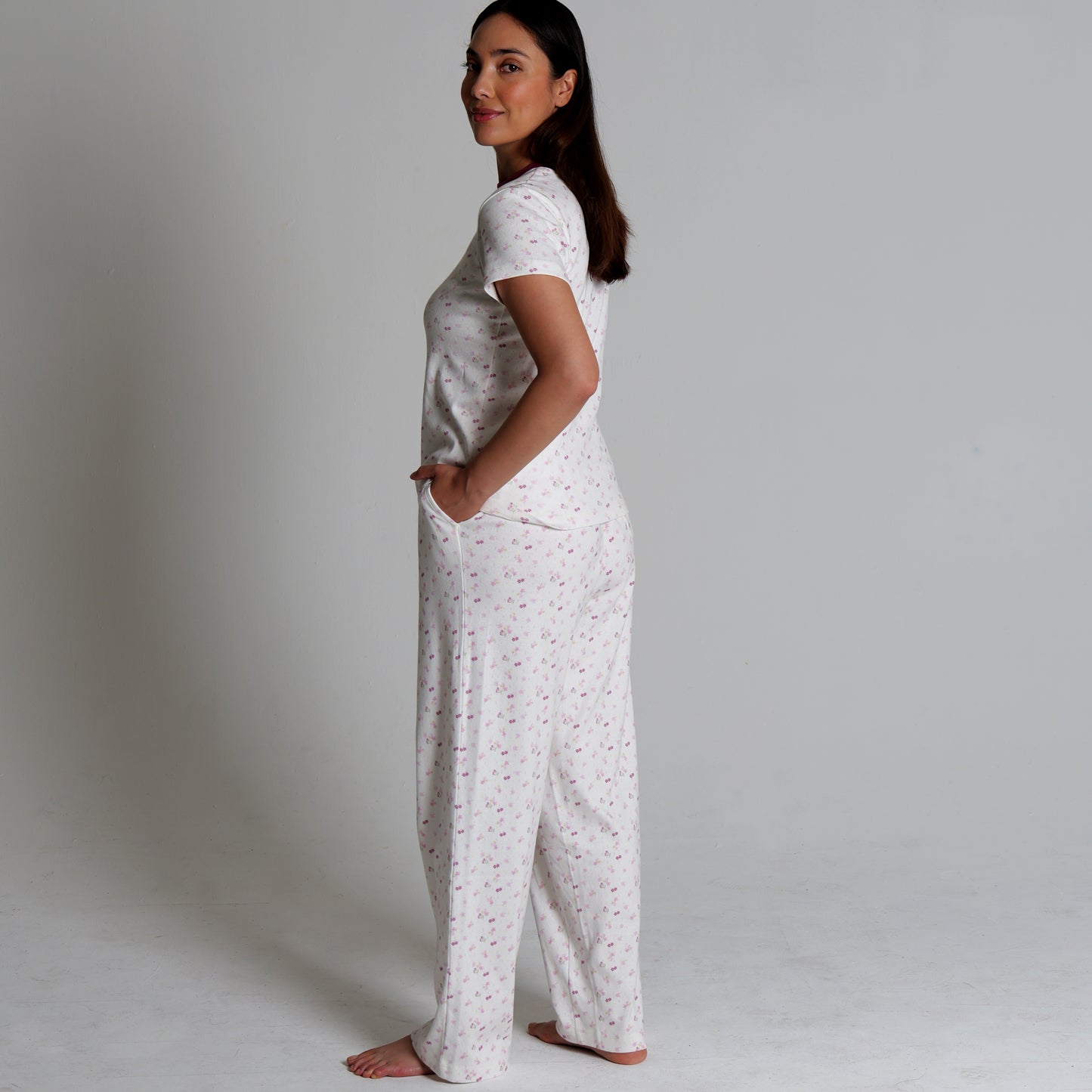 Women's Regular Fit  100% Soft Cotton Pointelle Rib 3 Pocket Printed Pajamas