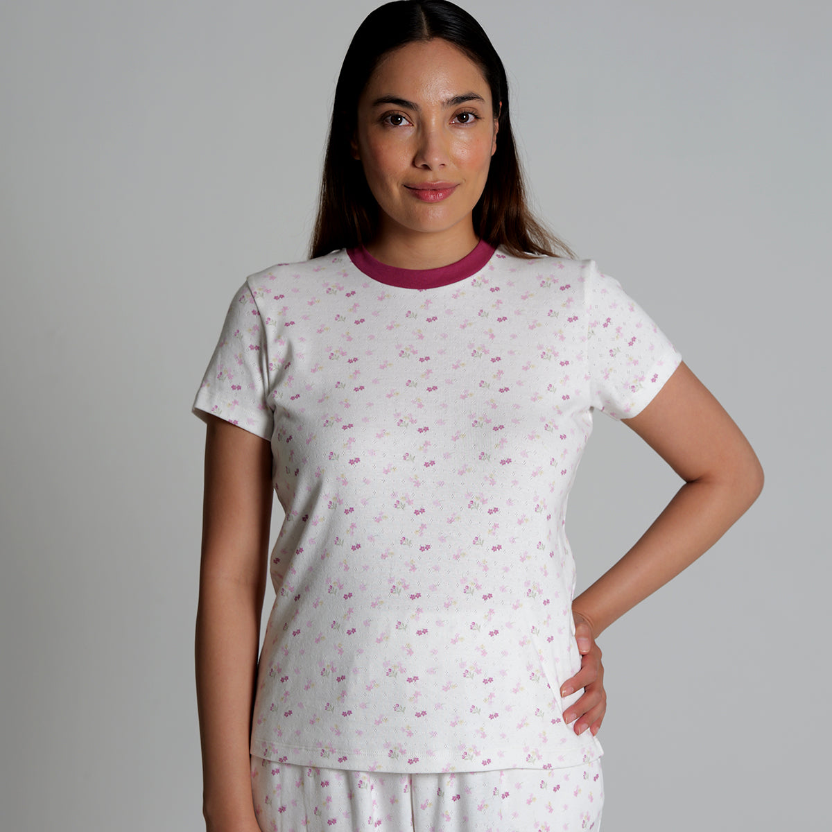Women's Regular Fit Short Sleeve 100% Soft Cotton Pointelle Rib Printed Tees