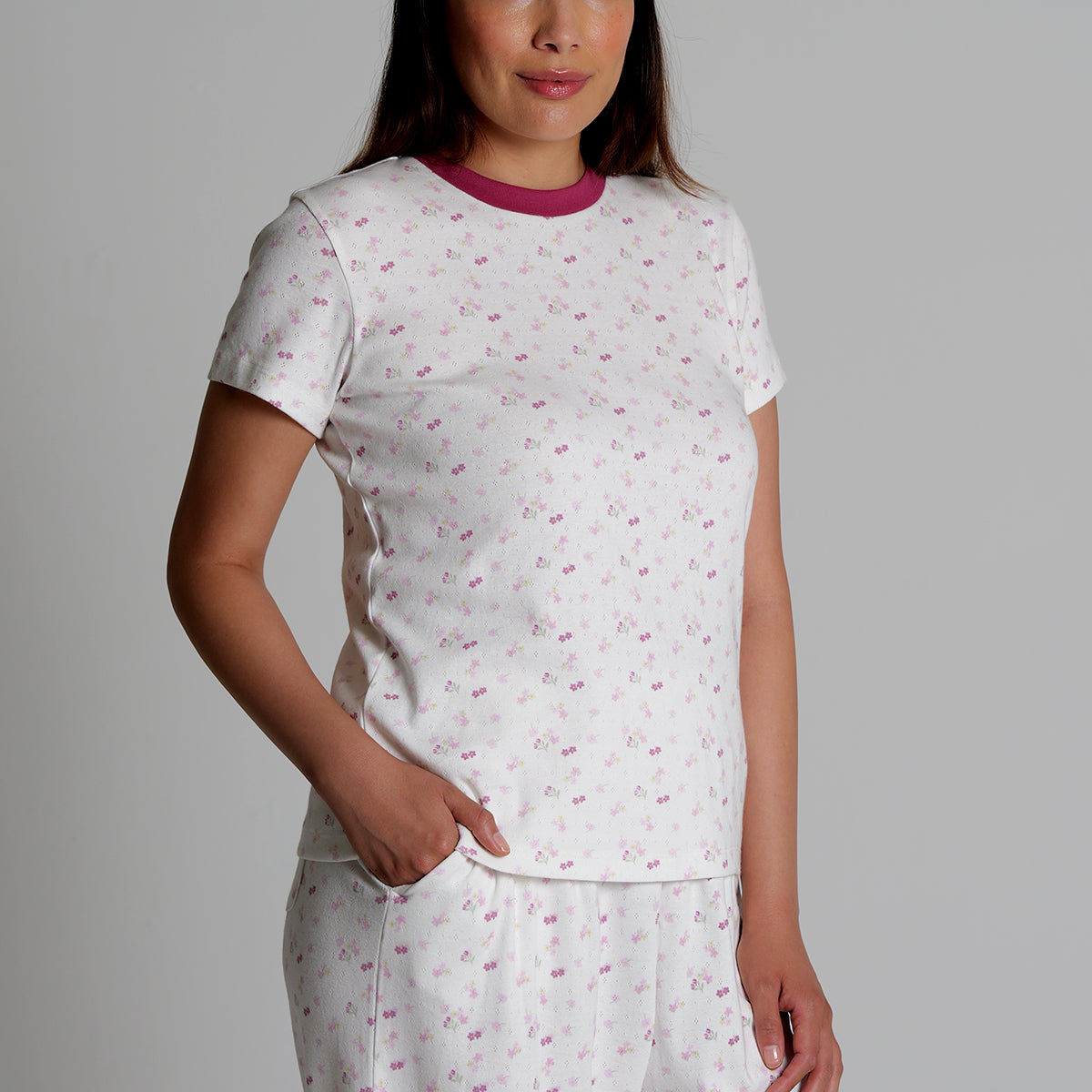 Women's Regular Fit Short Sleeve 100% Soft Cotton Pointelle Rib Printed Tees